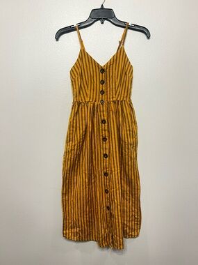 Japna Mustard and Black Striped Button-Front Midi Dress Fit Flare Pockets XS